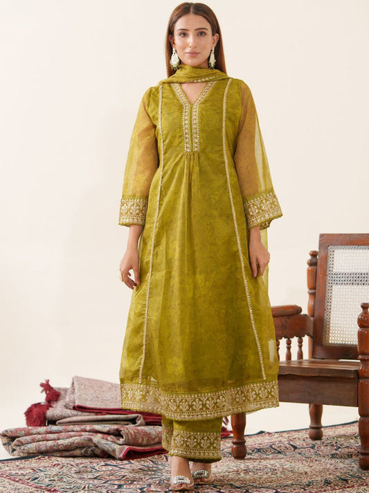 Dhiyona PD Women Ethnic Motif Woven Design Sequinned Straight Kurta With Trouser & Dupatta