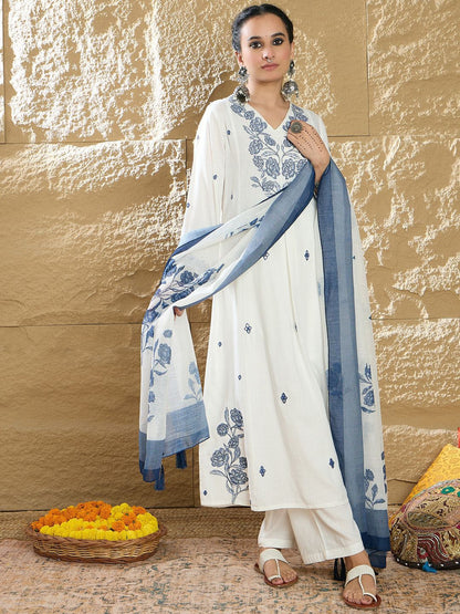 Dhiyona IE Women Floral Embroidered Pure Cotton Kurta with Trousers & Dupatta