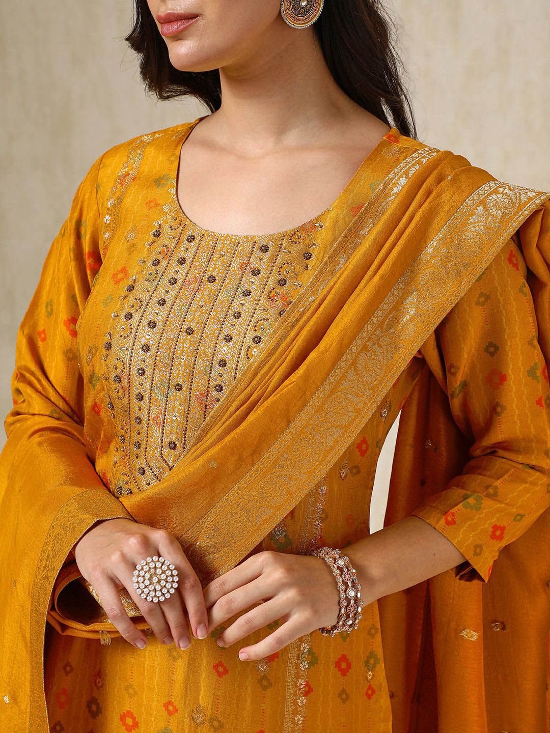 Dhiyona SO Women's Ethnic Motifs Embroidered Beads and Stones Straight Kurta with Trousers & Dupatta