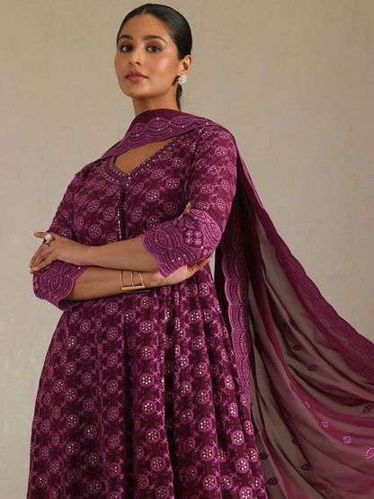 Dhiyona SO Women's Geometric Embroidered Thread Work Georgette Anarkali Kurta With Trousers And Dupatta