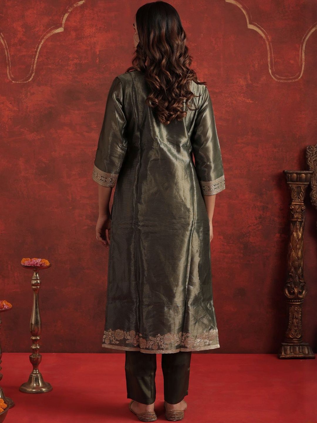 Woven Design V-Neck Zari Straight Kurta With Trousers & Dupatta