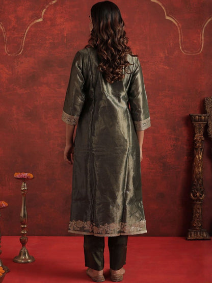 Woven Design V-Neck Zari Straight Kurta With Trousers & Dupatta