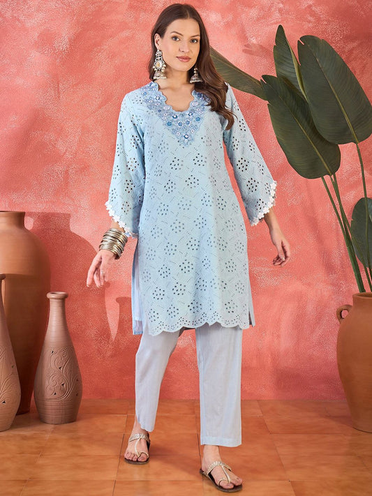 Dhiyona SN Women's Floral Schiffli Embroidered Thread Work Pure Cotton Straight Kurta With Trousers