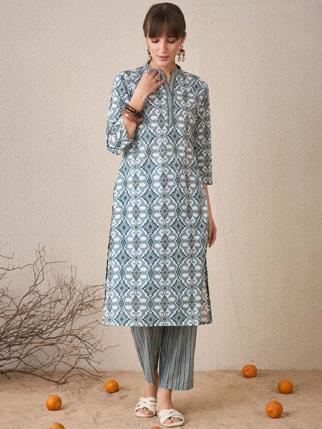 Dhiyona IE Abstract Printed Pure Cotton Straight Kurta With Trousers & Dupatta