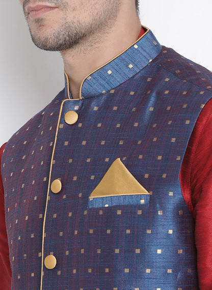 Men's Maroon Silk Blend Straight Jacket  Kurta and Dhoti Set