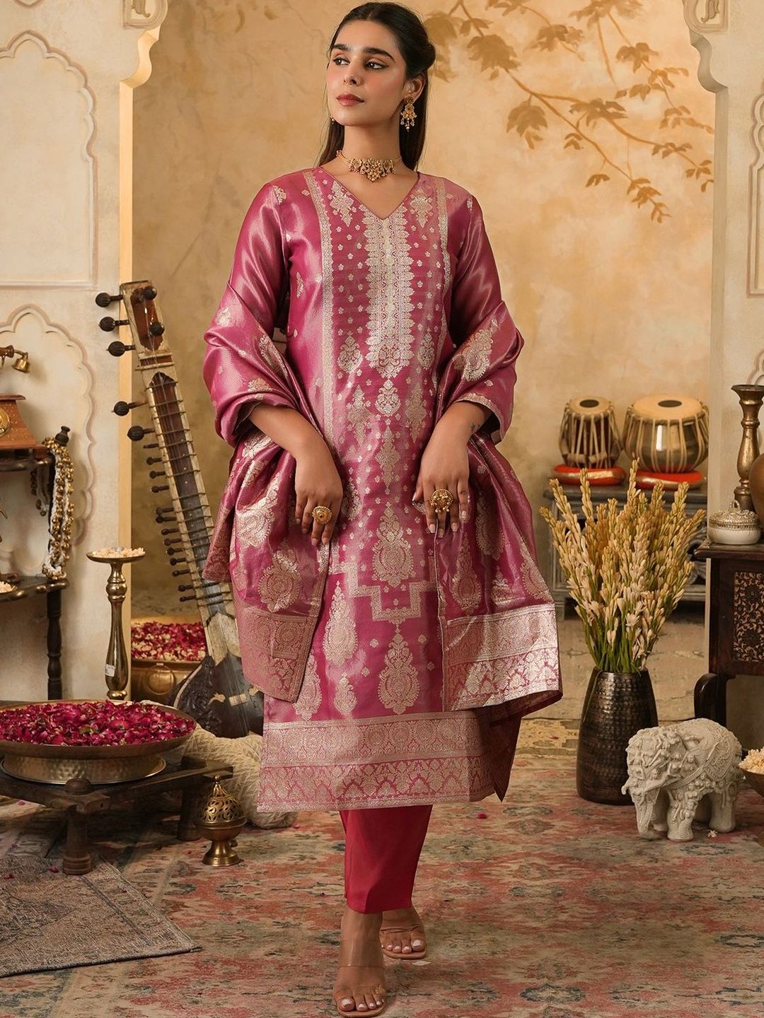 Women Ethnic Motifs Regular Kurta with Trousers & With Dupatta