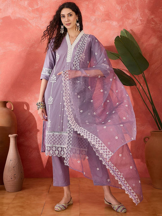 Dhiyona SN Women's Floral Embroidered V-Neck Mirror Work Pure Cotton Kurta With Trouser & Dupatta
