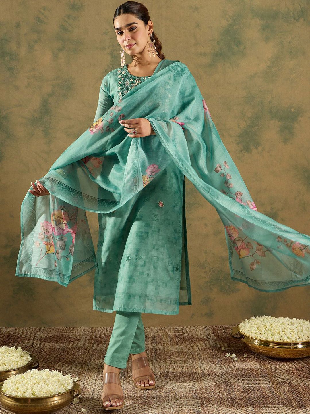 Floral Embroidered Thread Work Chanderi Silk Kurta with Trousers & Dupatta