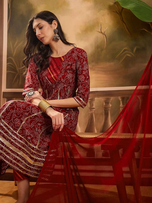 Dhiyona SN Women's Printed With Gota Patti Pure Cotton Anarkali Kurta with Trousers & Dupatta
