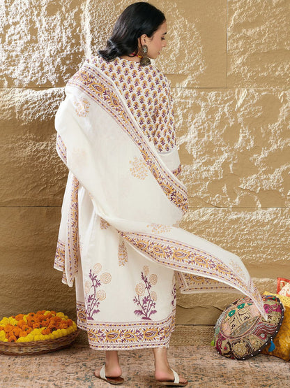 Dhiyona IE Women Ethnic Motifs Printed Empire Pure Cotton Kurta with Trousers & Dupatta