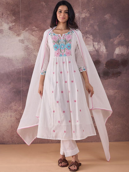 Embroidered Notch Neck Thread Work Pure Cotton Kurta With Trousers & Dupatta