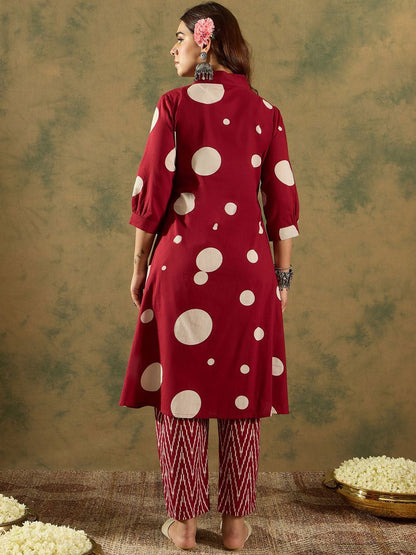 Dhiyona IE V-Neck Printed Pleated Pure Cotton A-Line Kurta with Trousers