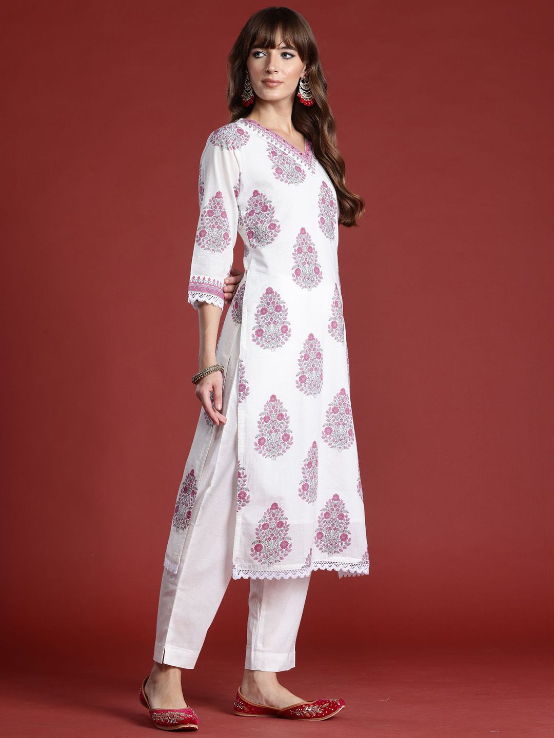 Floral Printed Sequinned V-Neck Pure Cotton Kurta with Trousers & Dupatta