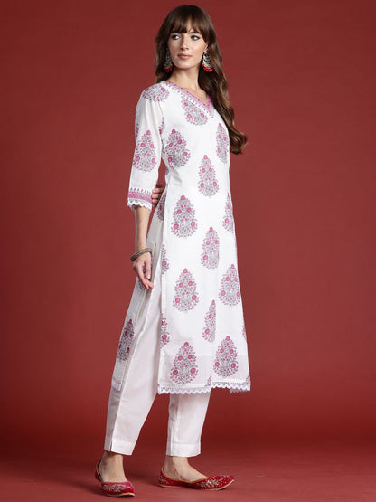Floral Printed Sequinned V-Neck Pure Cotton Kurta with Trousers & Dupatta