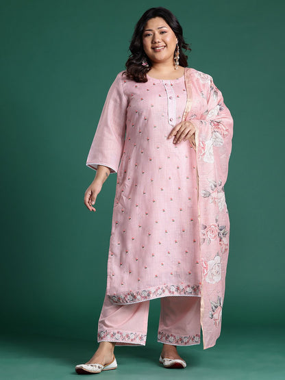 Pink Embroidered Straight Kurta With Trousers & Dupatta