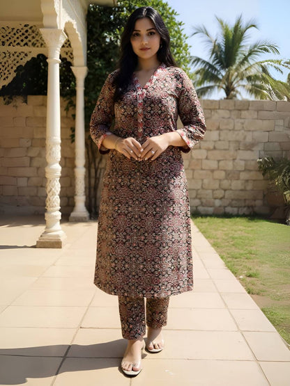 Dhiyona IE Women's Floral Printed Pure Cotton Straight Kurta With Trousers