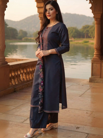 Floral Embroidered Thread Work Pure Cotton Kurta With Trousers & Dupatta