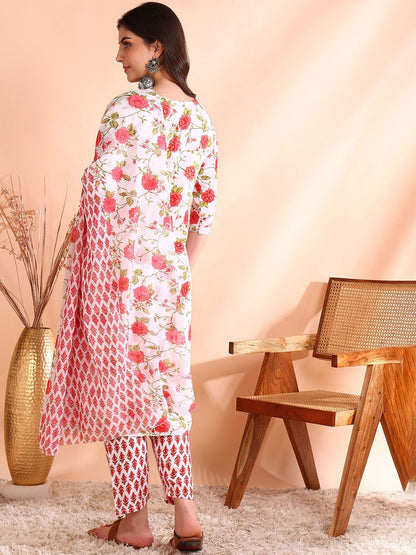 Dhiyona OD  Floral Printed Pure Cotton Kurta with Trousers & Dupatta