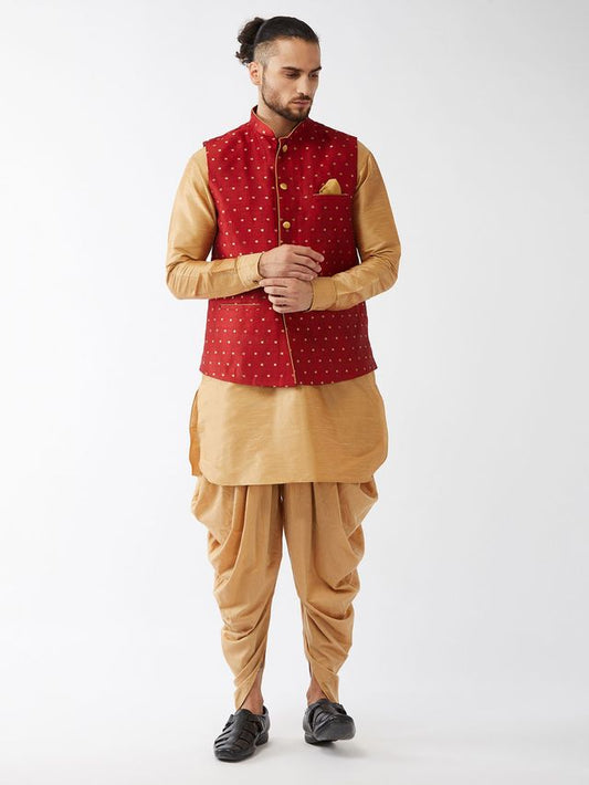 Men's Rose Gold Silk Blend Straight Jacket  Kurta and Dhoti Set