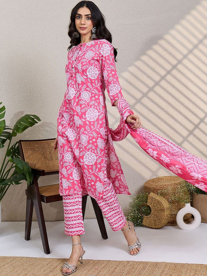 Women Floral Printed Pure Cotton Kurta with Trousers & Dupatta