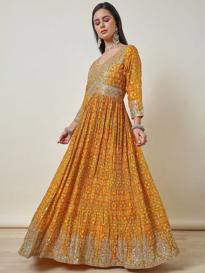 Dhiyona SO Women's Women Floral Printed Empire Sequinned Kurta with Churidar & With Dupatta