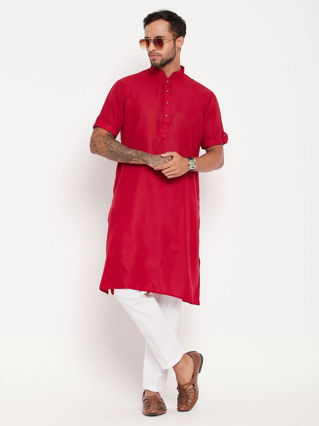 Men's Maroon Cotton Straight Kurta Pyjama Set