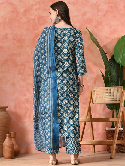 Dhiyona SN Women's Printed A-Line Kurta With Trousers & Dupatta