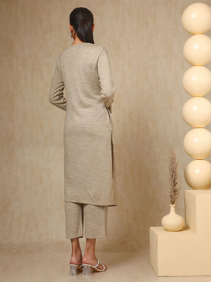Dhiyona SO Women's Beige Geometric Woven Design Acrylic Straight Kurta With Trouser