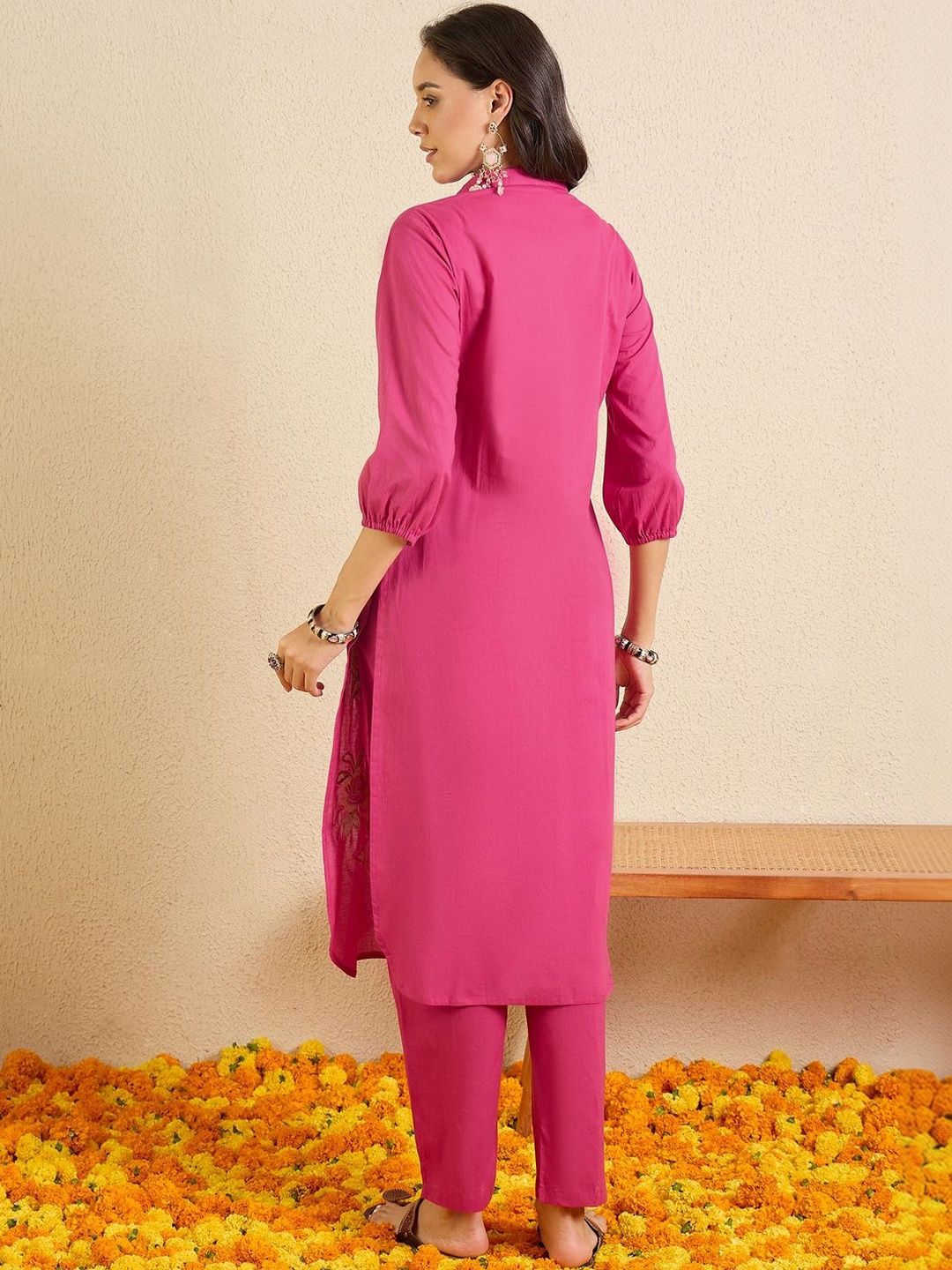 Women Floral Embroidered Regular Thread Work Pure Cotton Kurta with Trousers