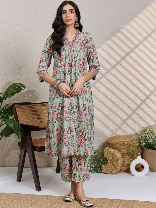 Women Floral Printed Regular Pure Cotton Kurta With Trousers