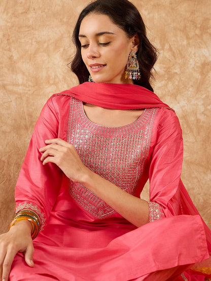 Dhiyona IE Floral Yoke Design Straight Sequinned Kurta with Trousers & Dupatta