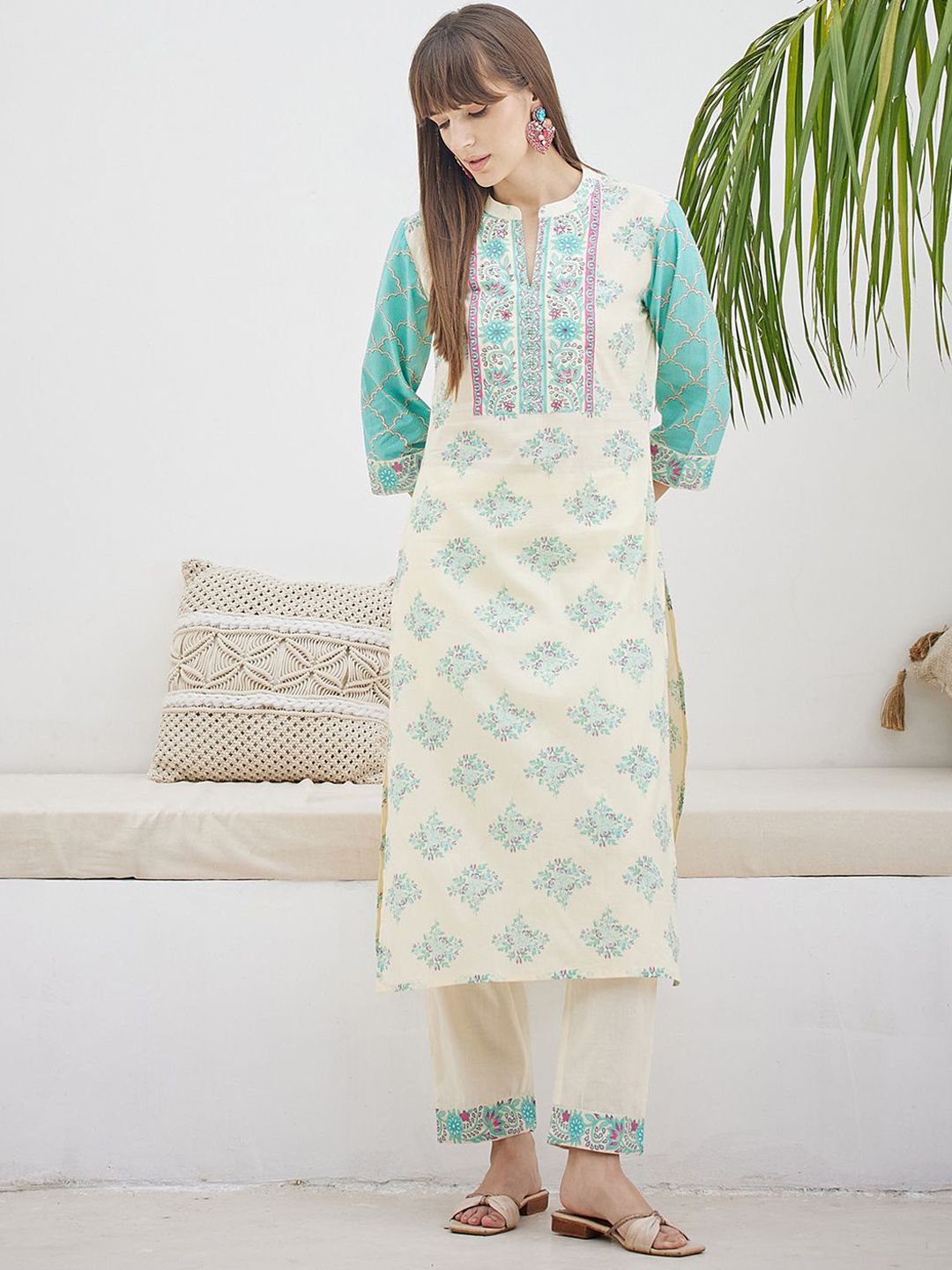 Dhiyona IE Printed Pure Cotton V-Neck Tunic With Trousers Co-Ords