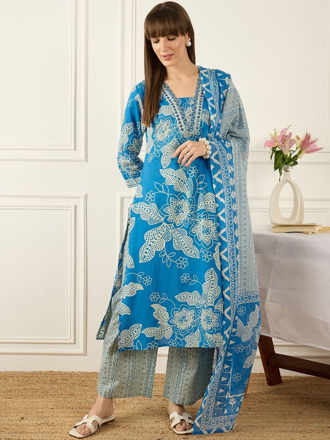 Women Floral Printed Regular Pure Cotton Kurta with Palazzos & With Dupatta