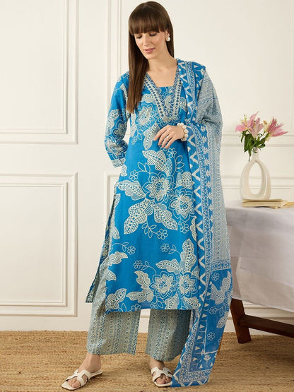 Women Floral Printed Regular Pure Cotton Kurta with Palazzos & With Dupatta