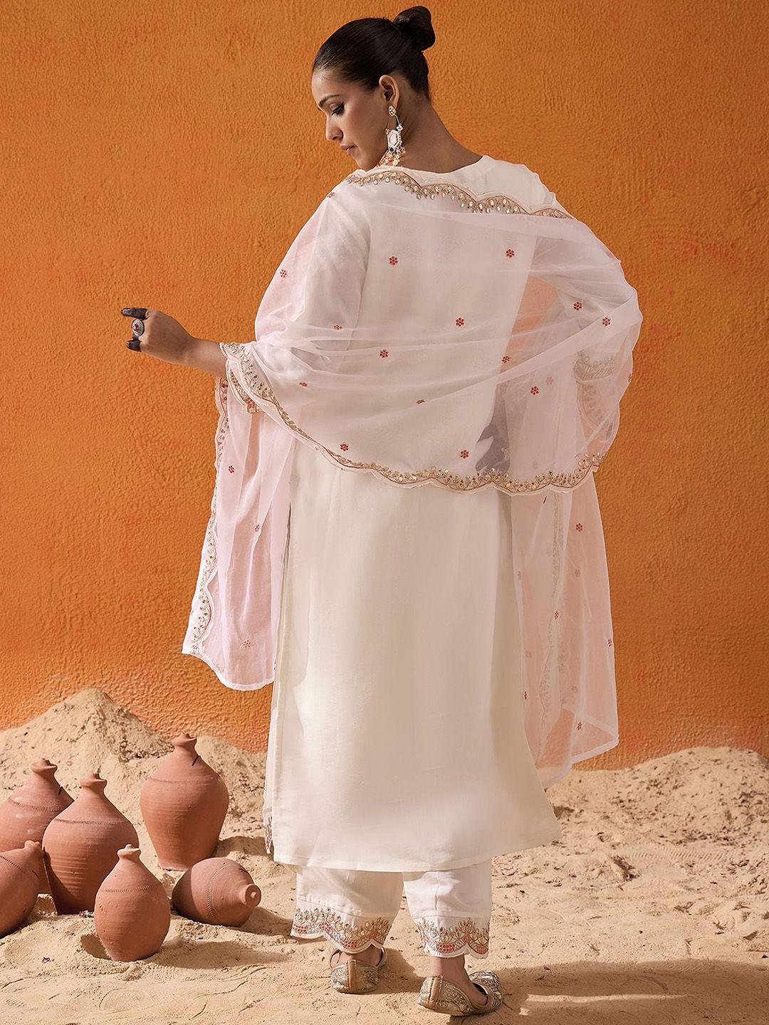 White and Pink Ethnic Motifs Embroidered Gotta Patti Kurta with Trouser & Dupatta