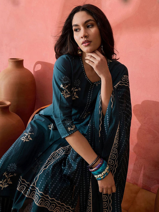 Dhiyona SN Women's Floral Printed Straight Kurta & Trousers With Dupatta