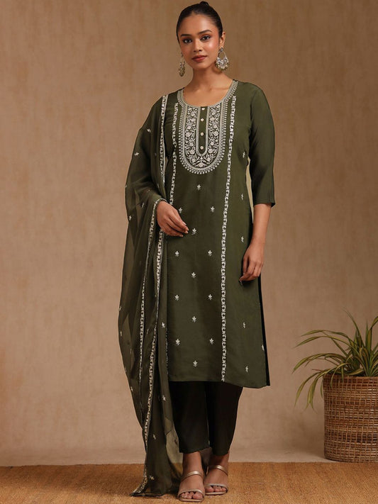 Dhiyona SO Women's Floral Embroidered U-Neck Sequinned Straight Kurta With Trousers & Dupatta