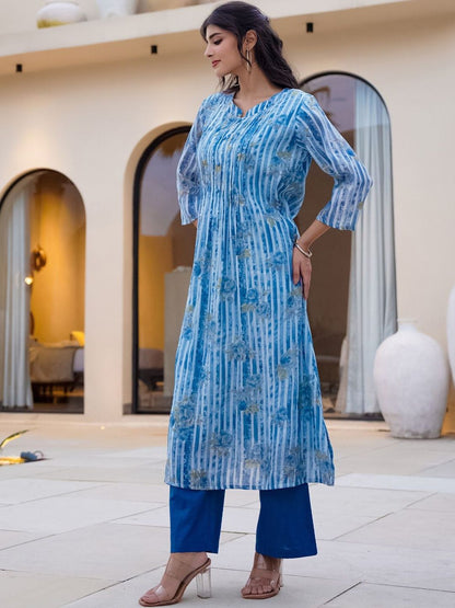 Floral Printed Regular Mandarin Collar Sequinned Pure Cotton Kurta With Trousers