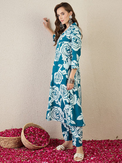 Dhiyona IE Floral Printed Pure Cotton Spread Collar Tunic With Trousers Co-Ords