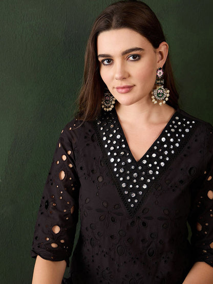 Dhiyona SN Women's Embroidered Regular Mirror Work Pure Cotton Kurti With Trousers