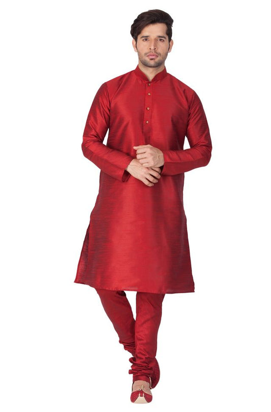 Men's Maroon Silk Blend Straight Kurta Pyjama Set