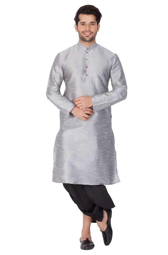 Men's Grey Silk Blend Straight Kurta and Dhoti Set