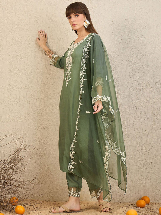 Dhiyona IE Floral Embroidered Straight Kurta With Trousers & Dupatta