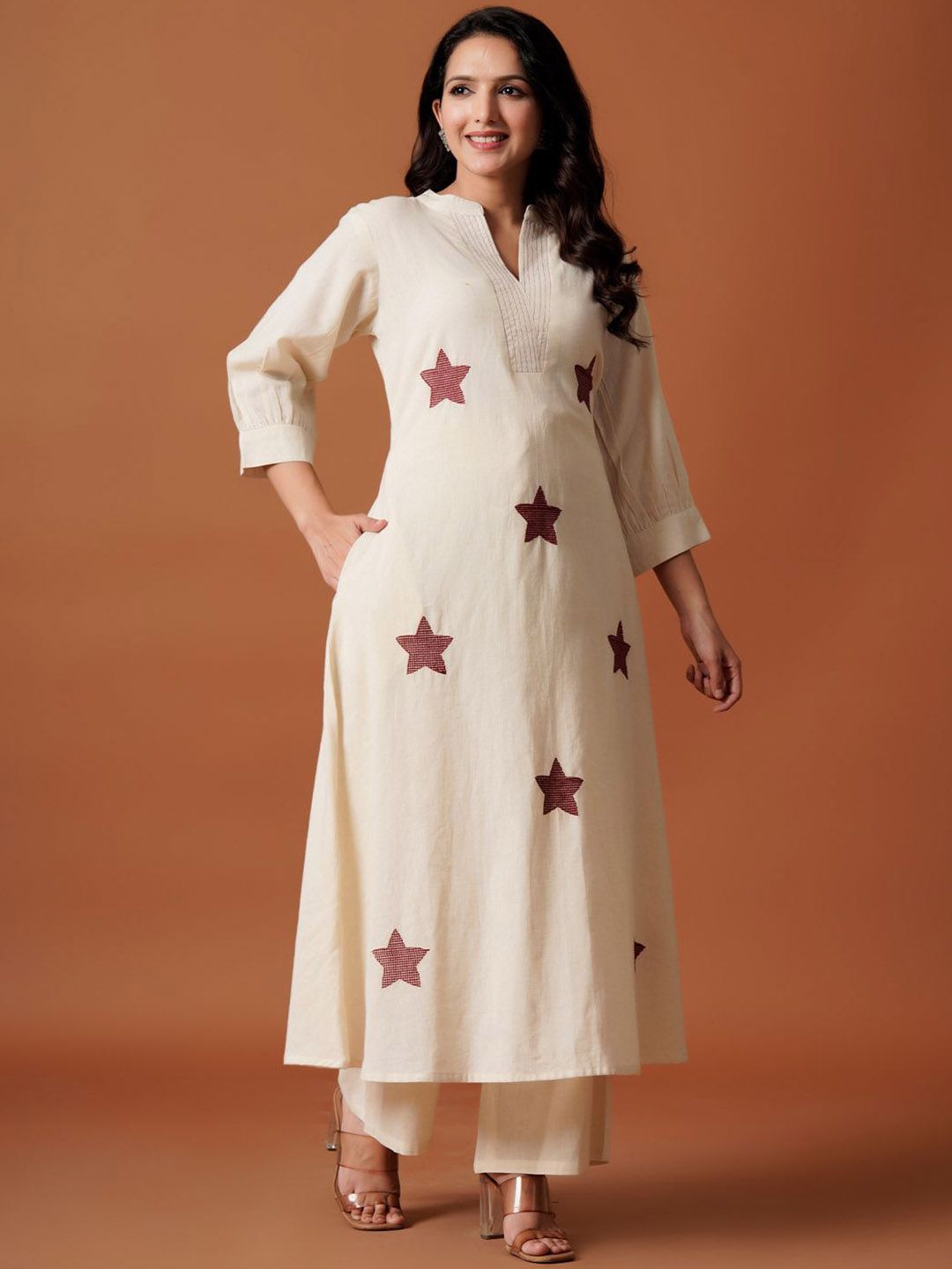 Dhiyona IE Embroidered Mandarin Collar Pure Cotton A-Line Top With Trousers