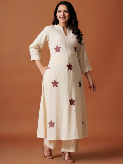 Dhiyona IE Embroidered Mandarin Collar Pure Cotton A-Line Top With Trousers