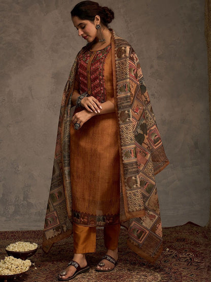 Ethnic Motifs Yoke Design Sequinned Chanderi Cotton Kurta With Trousers & Dupatta