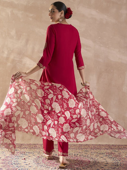 Ethnic Motifs Embroidered Thread Work Straight Kurta With Trousers & Dupatta