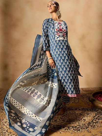 Dhiyona IE Ethnic Motifs Printed Thread Work Pure Cotton Kurta with Trousers & Dupatta