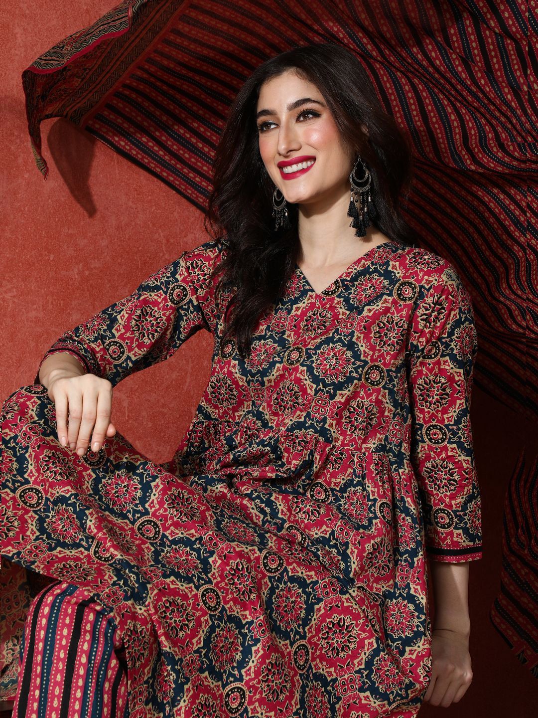 Dhiyona SN Women's Embroidered Pure Cotton A-Line Kurta & Trousers With Dupatta