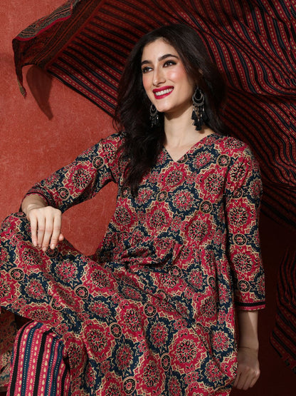Dhiyona SN Women's Embroidered Pure Cotton A-Line Kurta & Trousers With Dupatta